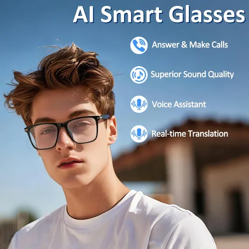 Vista 2 de Lentes inteligentes AI con altavoz de oído abierto, Bluetooth 5.4, compatible con asistente de voz, traducción en tiempo real, lentes que cambian