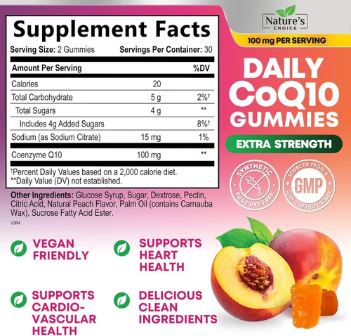 Vista 2 de Gomitas CoQ10 para adultos – Coenzima Q10 100 mg por porción – 3 veces más fuerza, suplemento antioxidante de alta absorción para apoyo a la salud