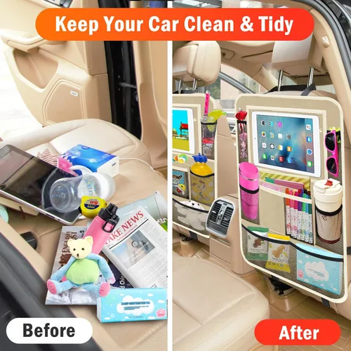 Vista 8 de Organizador de asiento trasero de automóvil, paquete de 2 organizadores de asiento trasero de automóvil con soporte para tableta de 11 pulgadas, 10
