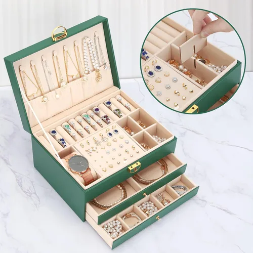 Vista 6 de LETURE Joyero de alta calidad con cajones, organizador de joyas grande con cerradura de 3 capas para mujeres y niñas, estuche de almacenamiento