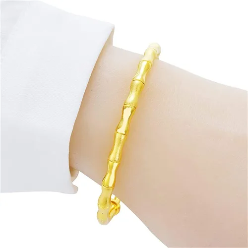 Vista 2 de Delicada pulsera de bambú de la suerte chapada en oro, pulseras de bambú de eslabones de cadena ajustables, pulsera de boda de bambú de riqueza