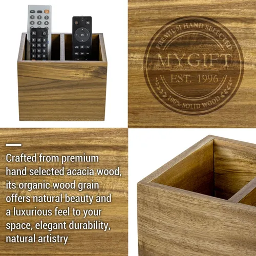 Vista 3 de MyGift - Soporte para control remoto de madera de acacia, 2 ranuras para Madera de acacia (7 pulgadas)