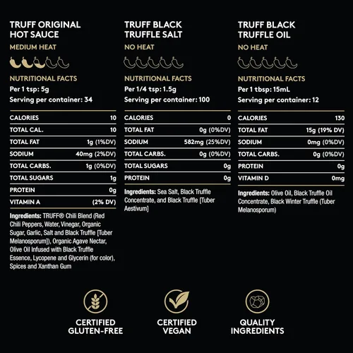 Vista 2 de TRUFF Paquete de iniciación, incluye salsa picante de trufa negra (6 onzas), aceite de trufa negra (5.6 onzas) y sal marina de trufa negra