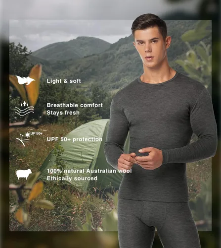Vista 3 de LAPASA Conjunto de capa base de lana merino 100% para hombre, ropa interior térmica ligera de peso medio, ropa deportiva larga John Top Bottom