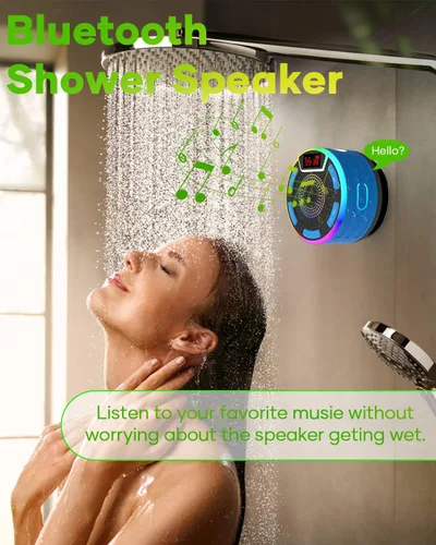 Vista 3 de ssuowao - Altavoz de ducha Bluetooth IPX7 impermeable con pantalla LED, radio FM, ventosa, micrófono integrado, mini altavoz para baño, viajes