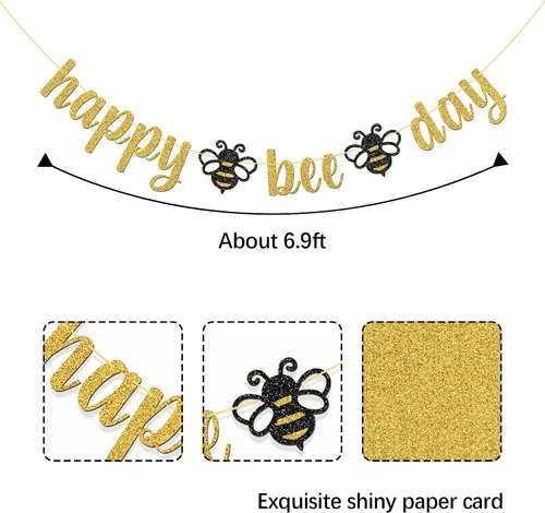 Vista 2 de Cartel de Feliz Día de la Abeja con purpurina dorada/Suministros de fiesta de baby shower con temática de abejorros/Nueva mamá/fiesta de revelación