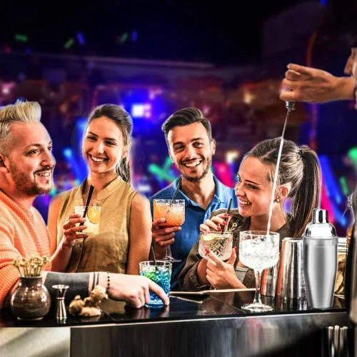 Vista 4 de Juego de coctelera, coctelera de 25.4 fl oz, juego de herramientas de barra de acero inoxidable, kit de barman con soporte de exhibición