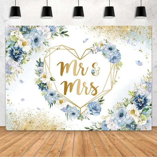 Vista 7 de MEHOFOND Telón de fondo de 7 x 5 pies para despedida de soltera, fondo floral azul y blanco, corazones geométricos para parejas, decoración