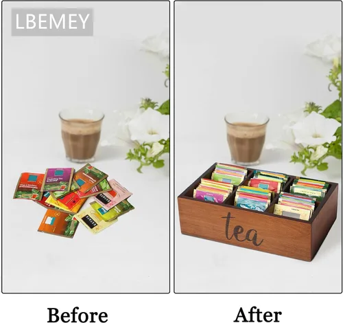 Vista 6 de LBEMEY - Organizador de bolsas de té, recipientes de almacenamiento de té de madera con 6 compartimentos, soporte para paquetes de azúcar, caja
