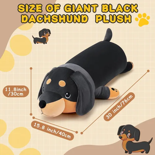 Vista 2 de Peluche de Perro Salchicha Negro Gigante de 30'' - Animal de Peluche de Perro Weiner Grande, Almohada de Peluche, Peluches, Juguete de Peluche