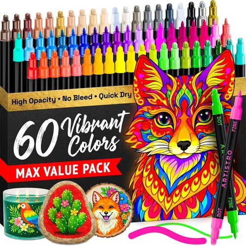 Vista 29 de ARTISTRO 5 marcadores negros de pintura acrílica de doble punta, juego de bolígrafos de pintura con puntos y puntas finas para tela, rocas, vidrio