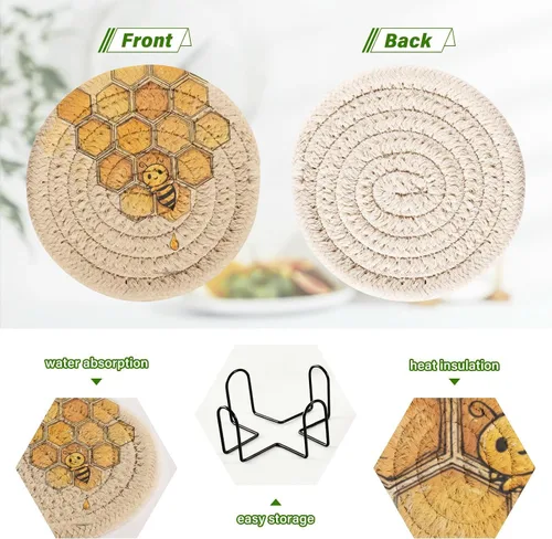 Vista 4 de Cute Bees - Juego de 6 posavasos de algodón vintage con soporte para mesa de café Posavasos para mesa