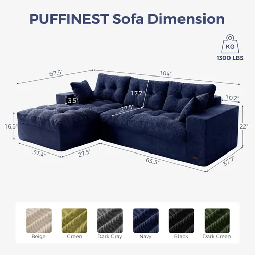 Vista 2 de MAXYOYO Sofá modular modular en forma de L de 104 pulgadas con otomana, sofá copetudo sin hueso con cojín en capas, sofá combinado tapizado de Azul