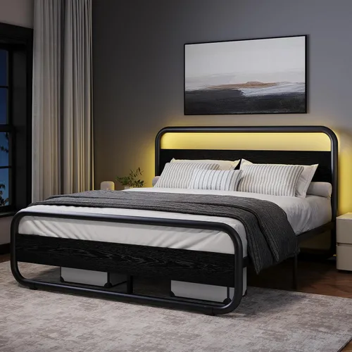 Vista 16 de Catrimown - Marco para cama individual con luces LED, marco de cama plataforma individual resistente de metal rústico con cabecera de madera