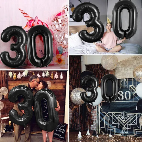 Vista 4 de Globos grandes de 40 pulgadas para 30 cumpleaños, aniversario, eventos, celebraciones, fiestas, decoraciones color negro