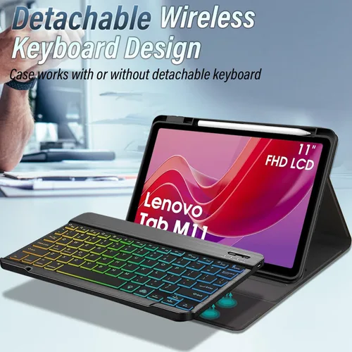 Vista 9 de Funda con teclado para Lenovo Tab M11 de 11 pulgadas 2024 (TB330FU/TB330XU), 7 colores con retroiluminación de arco iris desmontable Bluetooth