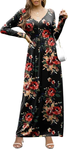 Vista 2 de GRECERELLE Vestido largo para mujer, manga larga, cuello en V, casual, con botones, estilo bohemio, con bolsillos