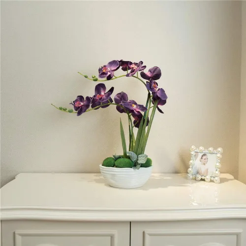 Vista 3 de Planta de orquídea artificial grande en maceta, arreglo floral de seda con jarrón de cerámica, morado oscuro