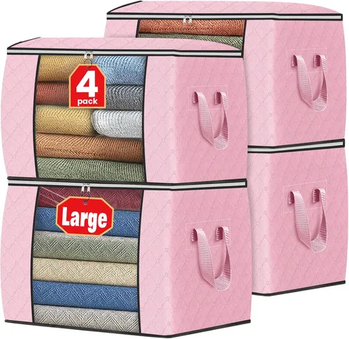 Vista 27 de Fab totes Paquete de 3 bolsas de almacenamiento plegables de tela gruesa, contenedores para organizar dormitorio, armario, ropa, edredón, Beige