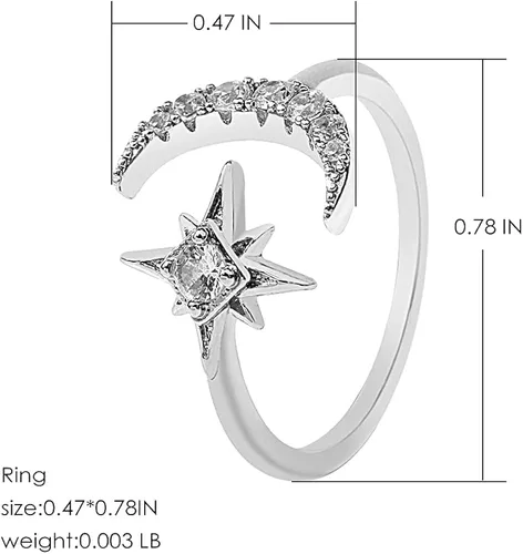 Vista 4 de Anillos de luna cúbica para mujer anillo abierto AAAA circonita cúbica luna y estrella abierta ajustable para EE UU 5-9 Metal Metal Cristal Zirconia