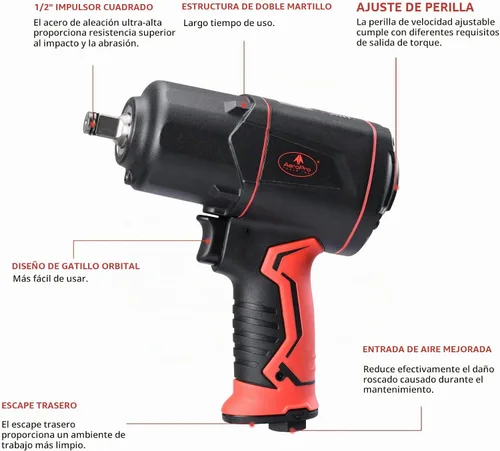 Vista 6 de AEROPRO TOOLS Llave de impacto neumática compuesta de 1/2 pulgada Twin Hammer,1220 FT-LBS Max Loosening Torque,8000RPM,for Auto Repair,Tire Shop