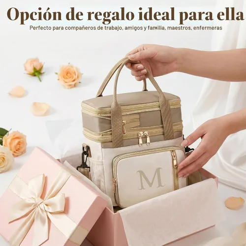 Vista 6 de LOKASS Lonchera personalizada con inicial para mujer, lonchera térmica de doble cubierta con correa, lonchera grande a prueba de fugas de 16 litros