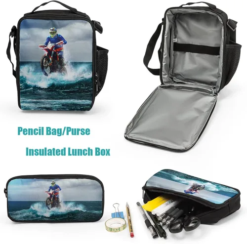 Vista 5 de Cool Dirt-Bike Motocross - Mochilas escolares para adolescentes y niños, vehículo de motocicleta en el mar, mochila escolar, bolsa de almuerzo