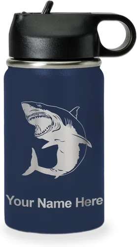Vista 17 de LaserGram Botella de agua personalizada, gran tiburón blanco, acero inoxidable de doble pared aislada al vacío con popote superior, regalo grabado