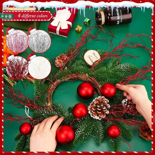 Vista 5 de Xinnun Ramas de Navidad con purpurina para decoración de jarrón, ramas rizadas, ramas artificiales, ramas para árbol de Navidad, manualidades Rojo