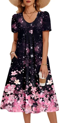 Vista 7 de Zeagoo Vestido de verano para mujer, casual, floral, midi, con bolsillos, cuello en V, plisado, manga corta, estilo alineado, para vacaciones