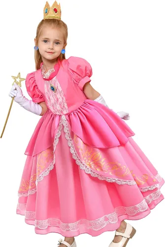 Vista 2 de Tacobear Disfraz de princesa melocotón para niñas, vestido con accesorios para Halloween, cumpleaños, ropa de princesa para niñas pequeñas