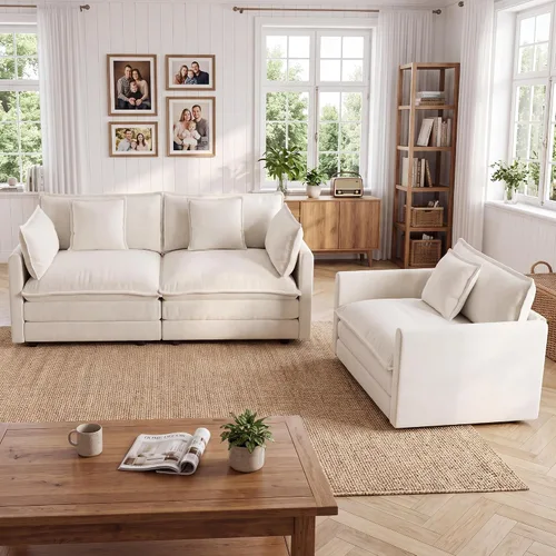 Vista 3 de Tmsan Chenille Cloud - Juego de sofá y silla, color beige y blanco Blanco beige
