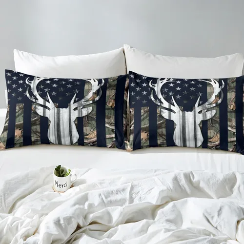 Vista 3 de Funda de edredón con bandera estadounidense de camuflaje, tamaño individual, silueta de ciervo y árboles grises, funda de edredón de estilo natural