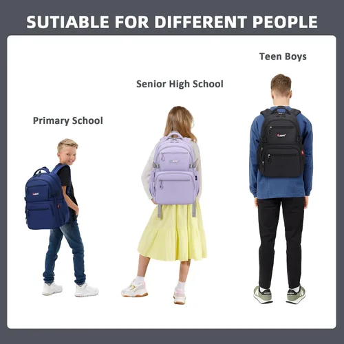 Vista 7 de ASKSKY Mochila para la escuela, mochila ligera para niños y niñas, mochila escolar para adolescentes, para hombres y mujeres, Negro -, Mochilas