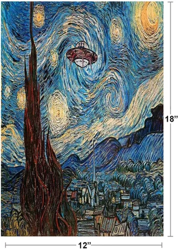 Vista 3 de OVNI Sighting On A Starry Night Vincent Van Gogh Humor Art Van Gogh Arte de pared Ciudad Naturaleza Decoración de Pared Paisaje Cielo Nocturno