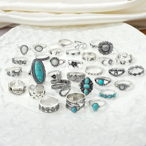 Vista 8 de KISSWIFE - Juego de 36 anillos de nudillos plateados vintage para mujeres y niñas joyas occidentales anillos estéticos anillos bohemios a granel