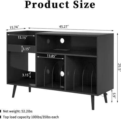 Vista 2 de Jluomei Mid-Century - Soporte para tocadiscos con gabinete de almacenamiento para discos de vinilo, mesa de jugador con toma de corriente, soporte