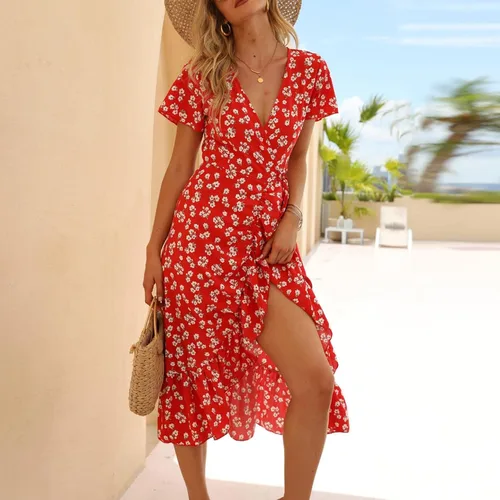 Vista 3 de Vestido por debajo de la rodilla de verano con estampado floral bohemio, manga corta, cuello en V, de fiesta, de playa ,con volantes y cinturón