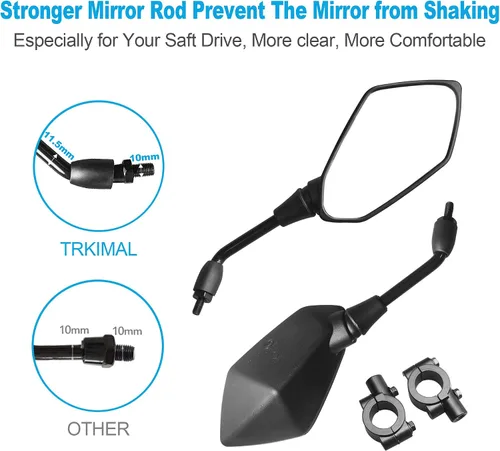 Vista 2 de Trkimal - Espejo retrovisor universal ajustable para motocicleta - Espejo convexo romboidal con perno de rosca 10 mm en sentido horario