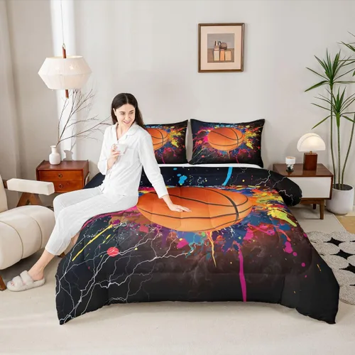 Vista 4 de Juego de ropa de cama de baloncesto para niños y adolescentes, juego de edredón deportivo para niños, tamaño matrimonial, suave, ligero, decoración