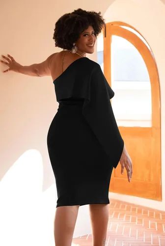 Vista 4 de GOBLES - Vestido de cóctel para mujer, vestido de verano entallado, sexi con un hombro descubierto y volantes