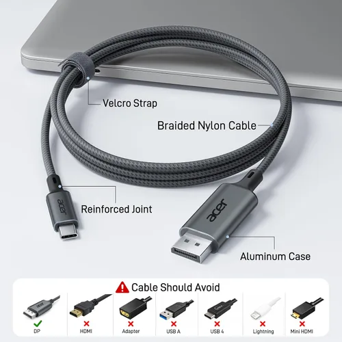 Vista 5 de acer Cable USB C a DisplayPort de 3.3 pies (4K a 60 Hz 2K a 165 Hz), cable tipo C a DisplayPort (aluminio resistente, Plug & Play) Thunderbolt 3/4/5