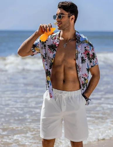 Vista 2 de COOFANDY Pantalones cortos de lino para hombre con cintura elástica y cordón para playa