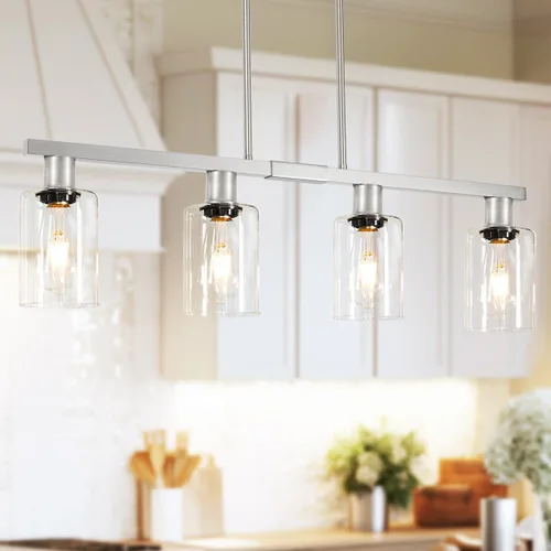 Vista 17 de Iluminación de isla de cocina de 4 luces, lámpara cromada para comedor, luz de isla para colgar sobre la mesa para candelabros lineales de granja