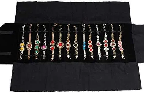Vista 7 de Rollo de viaje portátil de joyería negro y gris terciopelo reloj pulsera tobillera caja de almacenamiento organizador de cadena bolsa de transporte