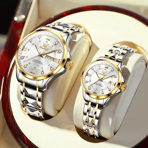 Vista 26 de OLEVS Reloj para parejas para él y ella, reloj analógico de cuarzo para hombres y mujeres, de acero inoxidable, impermeable, luminoso, fecha, reloj