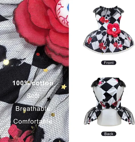 Vista 3 de Vestido de Halloween para perro, disfraz de esqueleto de Halloween para perros, divertido vestido de cachorro de Halloween con flor para perros