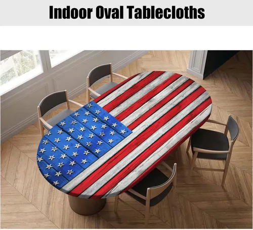 Vista 6 de Mantel de mesa ovalado con bandera estadounidense, mantel con bandera estadounidense sobre madera, cubierta elástica ajustada para el día