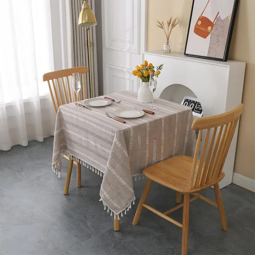 Vista 13 de Gernaice Mantel bordado de rayas rústicas con borlas cuadradas y pequeñas de algodón y lino, sin arrugas, lavable, para mesita de noche, café, Marrón