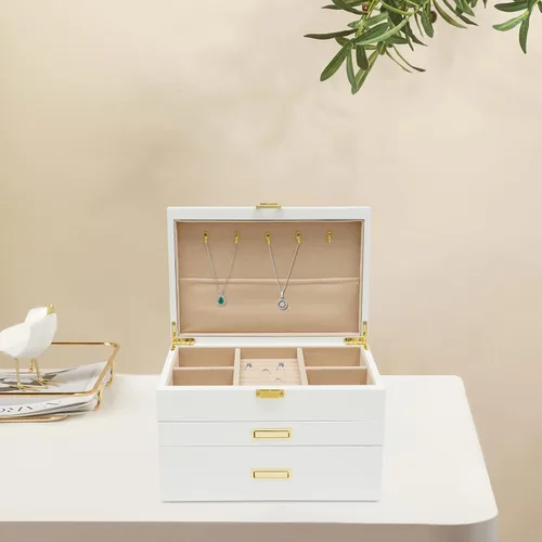Vista 3 de LOYALHEARTDY Joyero de madera grande de 3 capas, organizador grande de joyería para mujeres, 2 cajones de almacenamiento para anillos, collares